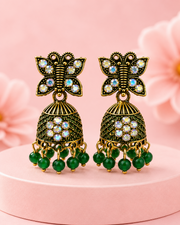 Stylish Antique Butterfly Jhumka - Green Fancy Partywear Earrings