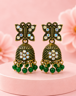 Stylish Antique Butterfly Jhumka - Green Fancy Partywear Earrings