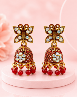 Stylish Red Butterfly Jhumka | Fancy Partywear Earrings | Trendy Red Beads Jhumki