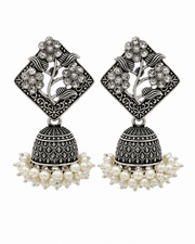 Fancy Oxidized Silver Floral Jhumka | Stylish Partywear Pearl Earrings | Trending Boho Jhumki