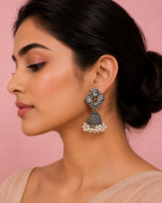 Fancy Oxidized Silver Floral Jhumka | Stylish Partywear Pearl Earrings | Trending Boho Jhumki