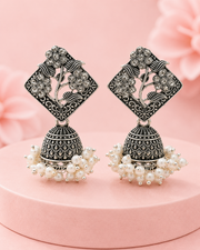 Fancy Oxidized Silver Floral Jhumka | Stylish Partywear Pearl Earrings | Trending Boho Jhumki