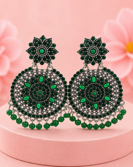 Stylish Green Stone Oxidised Jhumki / Fancy Partywear Chandbali Earrings
