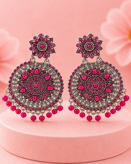 Stylish Pink Stone Oxidised Chandbali | Fancy Partywear Earrings | Trending Rani Pink Jhumka