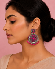Stylish Pink Stone Oxidised Chandbali | Fancy Partywear Earrings | Trending Rani Pink Jhumka
