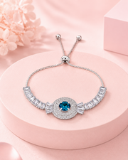 Fancy Adjustable American Diamond Blue Stone Bracelet / Free Size Stylish Silver Plated Kada for Girls and Women