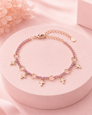 Stylish Rose Gold Pink Crystal Cross Charm Bracelet / Fancy Partywear Hand Chain For Girls and Women