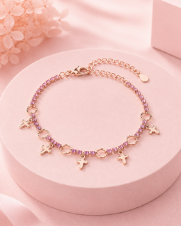 Stylish Rose Gold Pink Crystal Cross Charm Bracelet / Fancy Partywear Hand Chain For Girls and Women