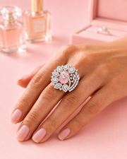 Fancy Pink Floral American Diamond Adjustable Ring / Stylish Partywear Ring for Women