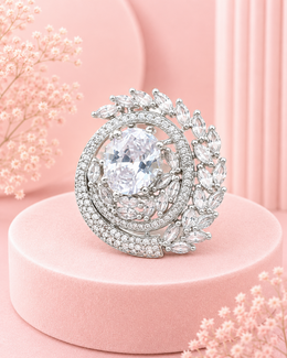 Stylish Partywear American Diamond (AD) Big Cocktail Ring - Adjustable Free Size