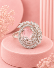 Stylish Rose Pink & Silver American Diamond Adjustable Statement Cocktail Ring for Women & Girls