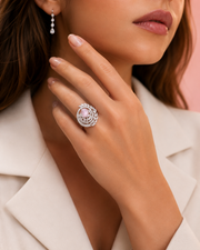 Stylish Rose Pink & Silver American Diamond Adjustable Statement Cocktail Ring for Women & Girls