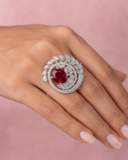Royal Ruby Red American Diamond Statement Cocktail Ring for Women | Silver-Plated Cubic Zirconia Adjustable Finger Ring