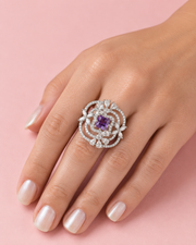 Fancy Purple Amethyst AD Stone Adjustable Statement Ring / Stylish Partywear Ring for Girls and Women