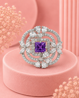 Fancy Purple Amethyst AD Stone Adjustable Statement Ring / Stylish Partywear Ring for Girls and Women