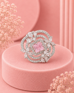 Fancy Stylish Pink Adjustable Cocktail Ring / Partywear Ring for Girls & Women