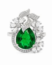 Stylish Fancy Emerald Green Adjustable Ring | Partywear Big Stone Ring for Women | Trending Floral Cocktail Ring