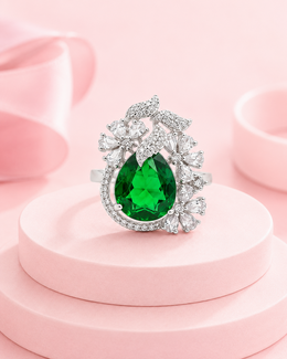 Stylish Fancy Emerald Green Adjustable Ring | Partywear Big Stone Ring for Women | Trending Floral Cocktail Ring