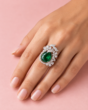 Stylish Fancy Emerald Green Adjustable Ring | Partywear Big Stone Ring for Women | Trending Floral Cocktail Ring