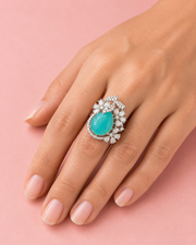 Stylish Silver Plated Sea Green Stone Adjustable Alloy Ring (Pack of 1)