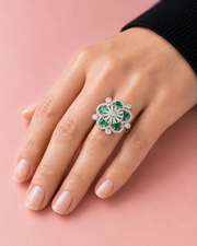 Stylish Emerald Green Partywear Flower Ring / Fancy AD Stone Ring for Women