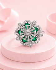 Stylish Emerald Green Partywear Flower Ring / Fancy AD Stone Ring for Women