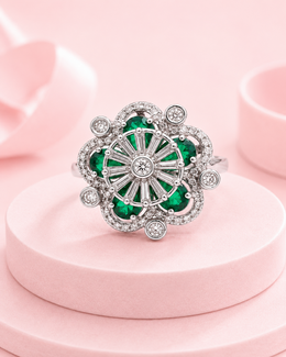 Stylish Emerald Green Partywear Flower Ring / Fancy AD Stone Ring for Women