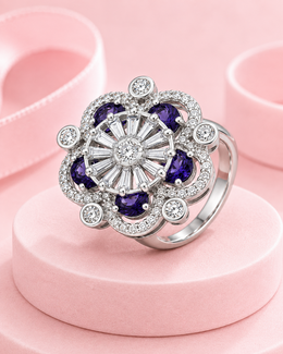 Fancy Purple Amethyst Stone Stylish Statement Cocktail Ring | Adjustable Free Size Partywear Ring for Girls & Women