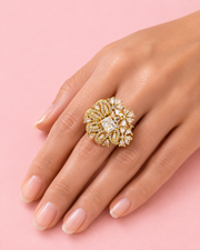 Fancy Stylish American Diamond (AD) Gold Plated Flower Cocktail Ring - Adjustable Size