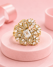 Fancy Stylish American Diamond (AD) Gold Plated Flower Cocktail Ring - Adjustable Size