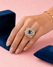 Stylish Navy Blue Stone Fancy Floral Adjustable Ring (Big Size Cocktail Ring)