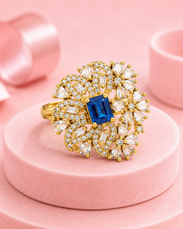 Stylish Navy Blue Stone Fancy Floral Adjustable Ring (Big Size Cocktail Ring)