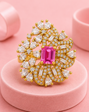Fancy Pink Stone Stylish Gold Ring | Trending Partywear Floral Statement Ring