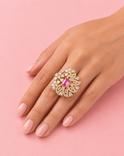 Fancy Pink Stone Stylish Gold Ring | Trending Partywear Floral Statement Ring