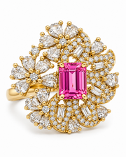 Fancy Pink Stone Stylish Gold Ring | Trending Partywear Floral Statement Ring