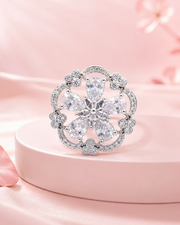 Fancy Adjustable American Diamond Flower Ring / Stylish Partywear Silver Ring