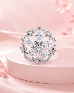 Fancy Adjustable American Diamond Flower Ring / Stylish Partywear Silver Ring