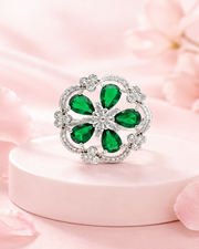 Trending Emerald Green Floral Partywear Ring - Adjustable Fancy Anguthi
