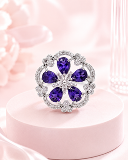 Fancy Purple Flower Stylish Cocktail Ring | Adjustable Partywear Ring