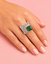 Fancy Green Stone Partywear Statement Ring / Stylish Emerald American Diamond Ring