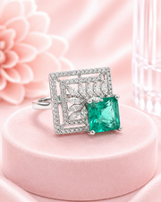 Fancy Emerald Green Partywear Cocktail Ring | Stylish AD Stone Adjustable Ring for Women