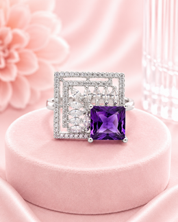 Trendy Square Purple Crystal Fancy Ring | Adjustable Stylish Partywear Cocktail Ring for Women.