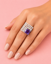 Trendy Square Purple Crystal Fancy Ring | Adjustable Stylish Partywear Cocktail Ring for Women.