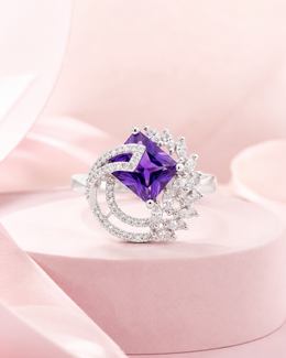 Fancy Purple Crystal Statement Ring | Stylish Partywear Adjustable Ring for Women | Trending Silver Polish Angoothi