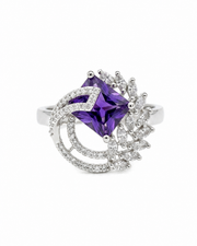 Fancy Purple Crystal Statement Ring | Stylish Partywear Adjustable Ring for Women | Trending Silver Polish Angoothi
