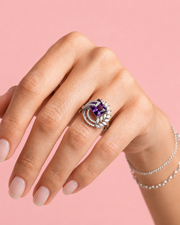 Fancy Purple Crystal Statement Ring | Stylish Partywear Adjustable Ring for Women | Trending Silver Polish Angoothi