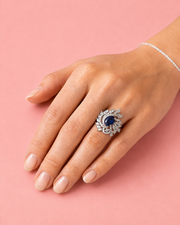 Fancy Royal Blue Partywear Ring | Stylish Silver Plated Cocktail Anguthi | Trending Blue Stone Ring