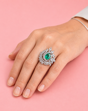 Stylish Green Stone Silver Plated AD Studded Adjustable Cocktail Ring