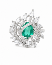 Stylish Green Stone Silver Plated AD Studded Adjustable Cocktail Ring