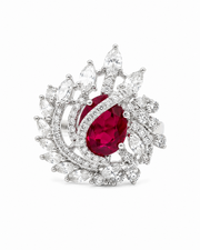 Stylish Red Stone Rhodium Plated Adjustable Cocktail Ring (Red, Silver)